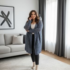 Handmade Crochet Medium Length Open-Front Knit Cardigan Sweater - Slate Blue